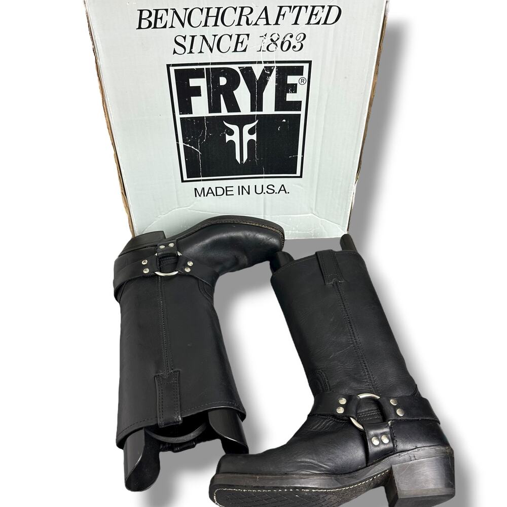 Vintage 90s Frye Harness 12R Black Leather Boots Made in USA w Original Box Sz 7
